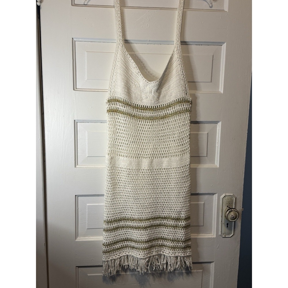 Metallic Gold Thread Crochet Festival Dress 70s Style Fringe Boho Beach Dress L